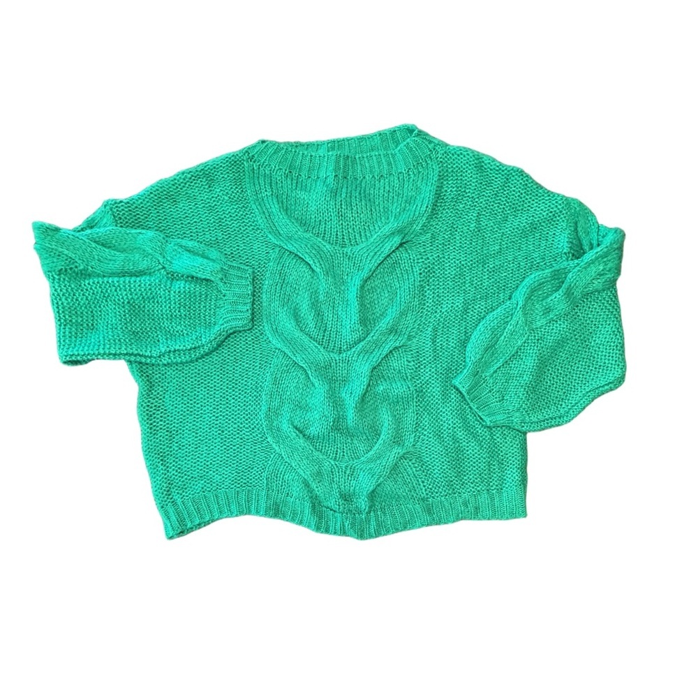 Cozy oversized off the shoulder cable knit sweater balloon sleeves green NWT S - Picture 4 of 9
